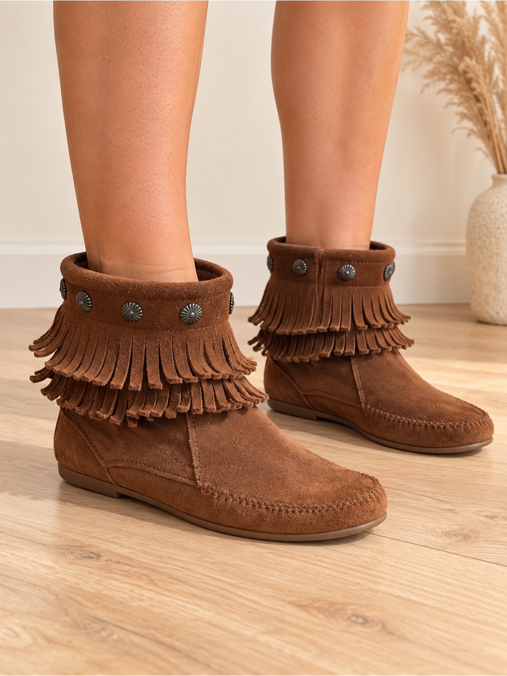 Anthropologie Minnetonka Brown Suede Fringe Ankle Boots with Stud Accents